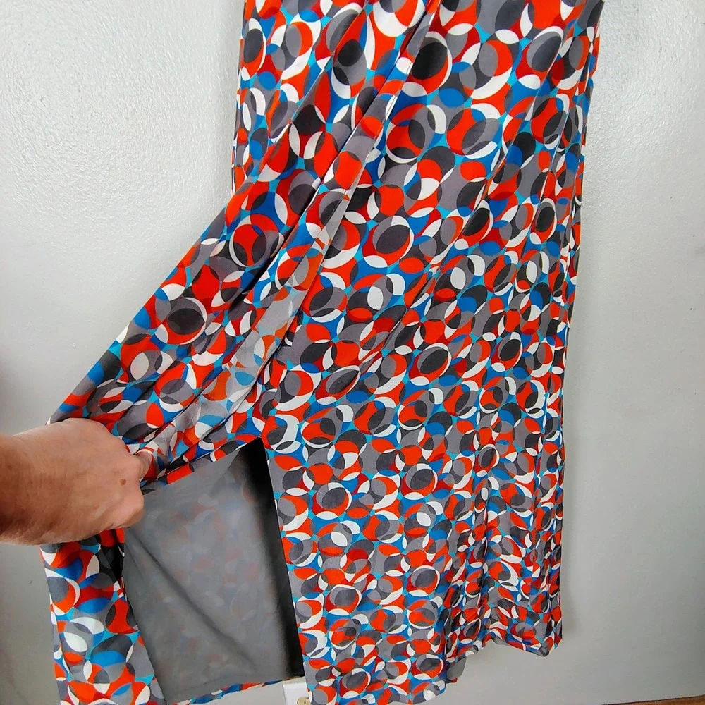 Silk Geometric Circle Print Maxi Skirt Red Blue Grey Size 10 Wrap Front Slit - Picture 7 of 13